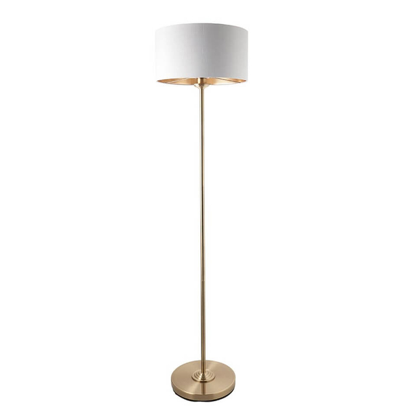Tkaninowa lampa stojąca Highclere 112571 do salonu biała mosiądz