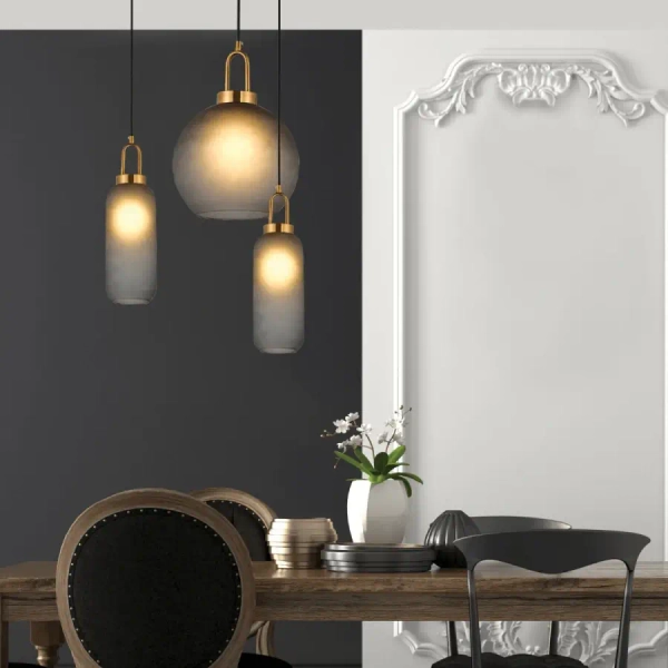 Industrialna lampa wisząca 19176 szklana do salonu nad stół mosiądz szary