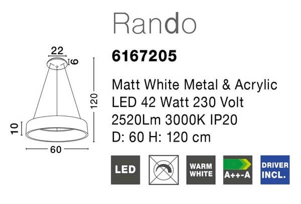 Skandynawska lampa wisząca Tome Smart circle LED 42W 3000K biała