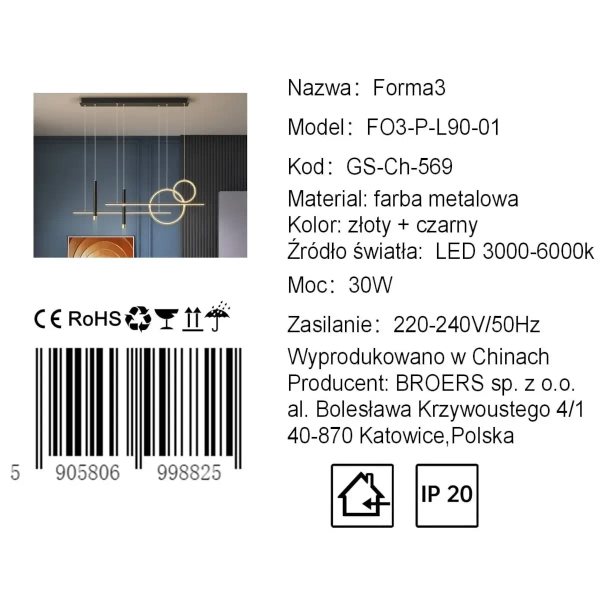 Lampa wisząca Forma CGFORMA390 LED 30W 3000-6000K do salonu złoty czarny