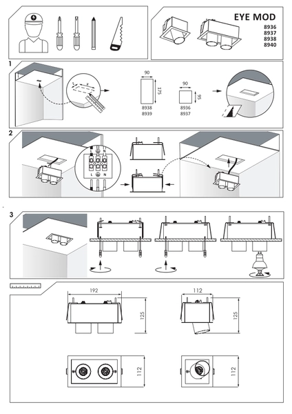 Schodowa lampa biała Eye Mod 8936 kwadratowy wpust ruchoma tuba