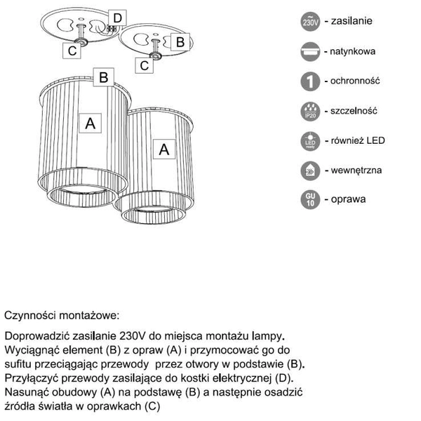 Sufitowa LAMPA spot IGA 7015 Shilo downlight natynkowy metalowe tuby białe