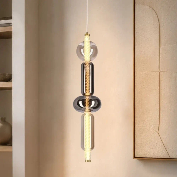 Szklana wisząca lampa KELLY bursztynowa przydymiona 31-54555 4xLED 9,5W 2700K do sypialni