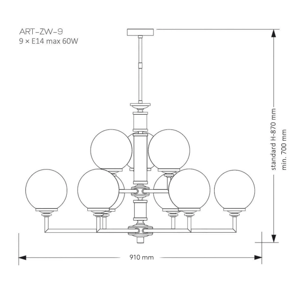 Szklany żyrandol kulisty Artu Glass ART-ZW-9 (ZM) G mosiądz satyna