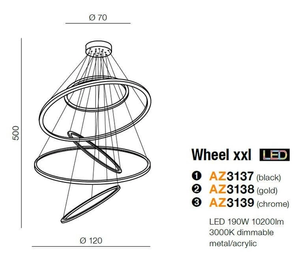 Wisząca lampa pokojowa Wheel pierścienie LED 190W 3000K złote