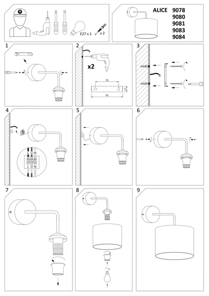 Okrągły kinkiet abażurowy Alice 9084 do sypialni czarny złoty