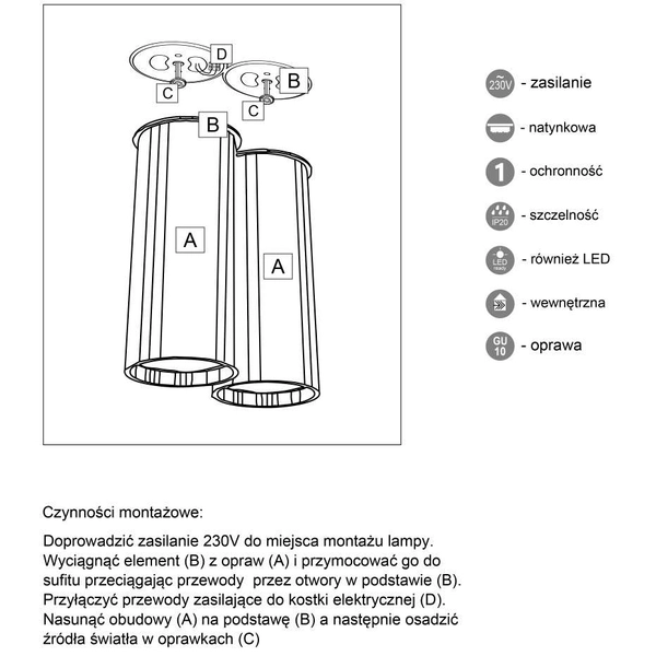Plafon LAMPA sufitowa ARIDA 1113 Shilo natynkowa OPRAWA tuby czarne