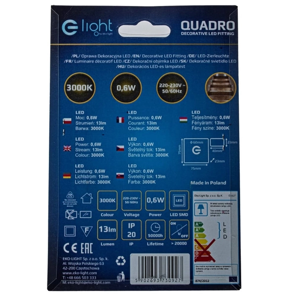 Kinkiet wpuszczany Quadro EKS0927 Eko-light LED 0,6W 3000K kwadratowy srebrny