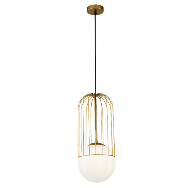 Modernistyczna LAMPA wisząca TELFORD P363PL-01G Maytoni metalowa OPRAWA druciany ZWIS szklana kula złota biała