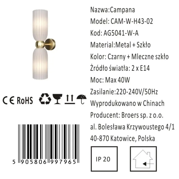 Kinkiet ścienny góra-dół CAMPANA CGCAMPANA43 szklany mosiądz biały