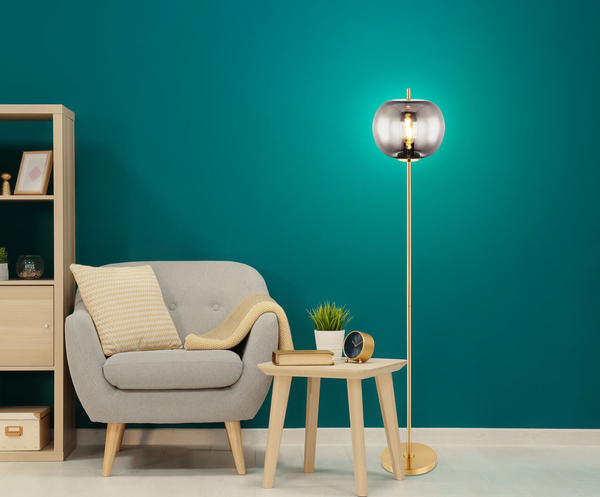 Modernistyczna lampa podłogowa BLACKY I 15345SMM Globo metal szkło mosiądz