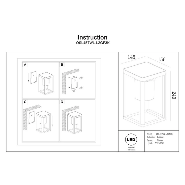 Kinkiet ścienny Shatter OSL457WL-L2GF3K IP54 LED 2W 3000K lampion grafitowa