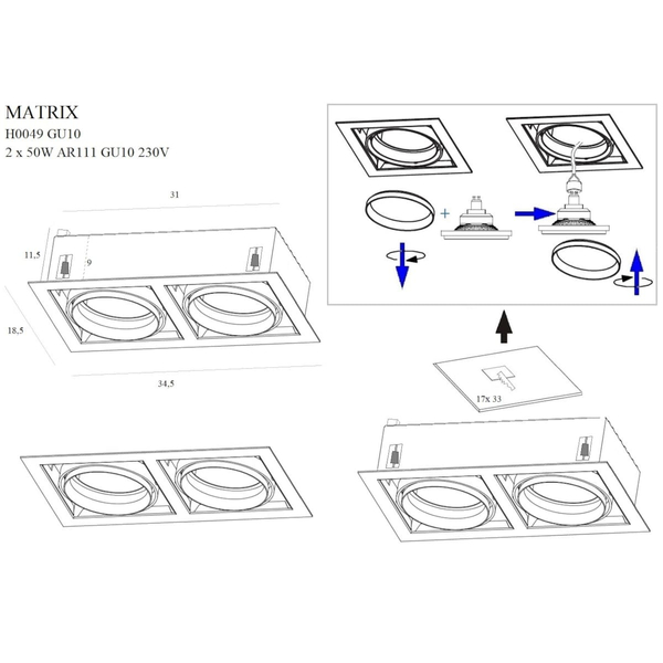 Podwójna oprawa wpustowa MATRIX H0049 Maxlight metal czarna