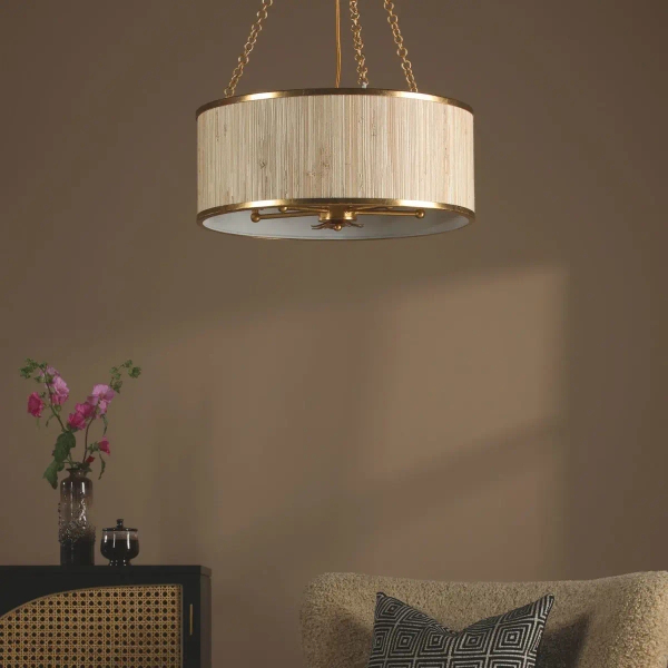 Drewniana wisząca lampa Fenella FEN0535 lniana trawa morska złoty