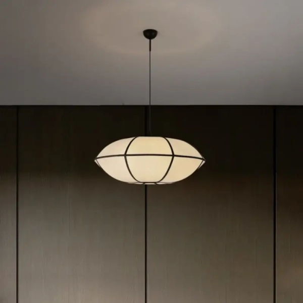 Lniana lampa wisząca RABRE LE-52014 beżowa czarna 1xE27 tkaninowa