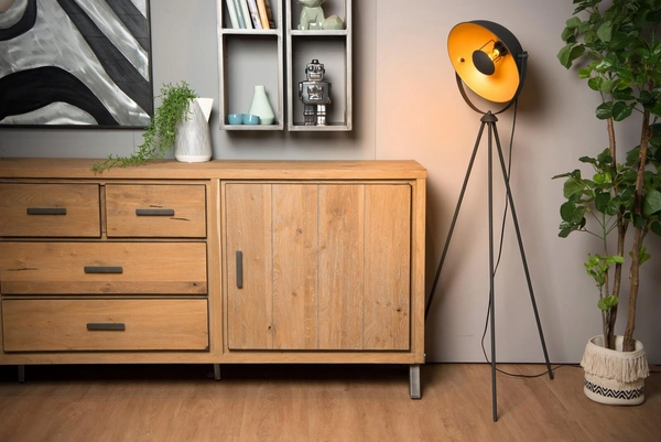 Stojąca lampa podłogowa Alvaro na trójnogu czarna złota