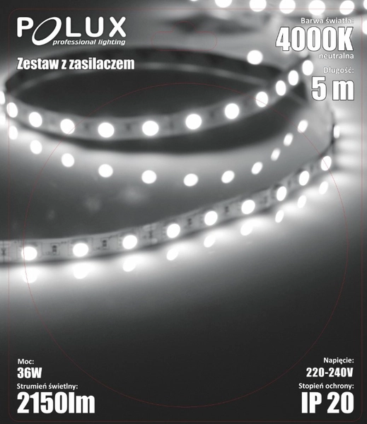 Taśma LED 36W 4000K 315373 Polux z zasilaczem 5m 2150lm czarna