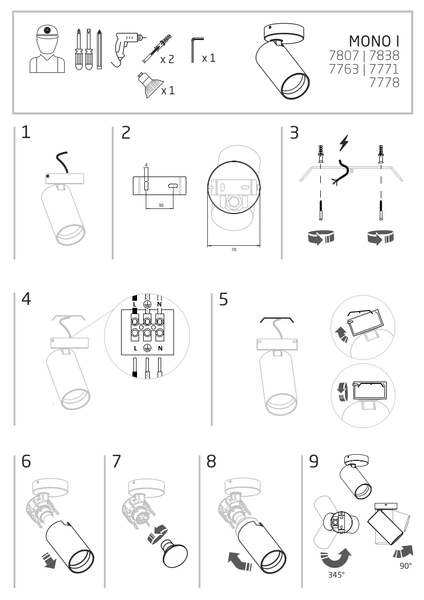Lampa sufitowa regulowana Mono 7771 1-punktowa do garderoby biała