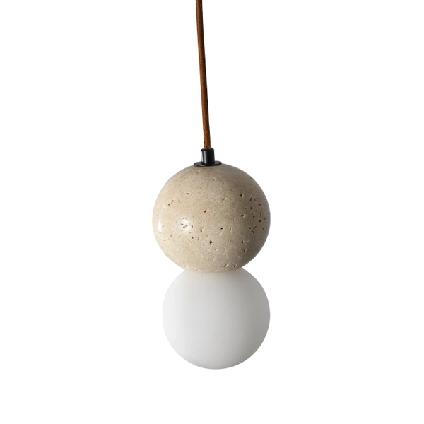 Wisząca lampa Bilo PL0135 Yaskr drewno kamień kula beżowa biała