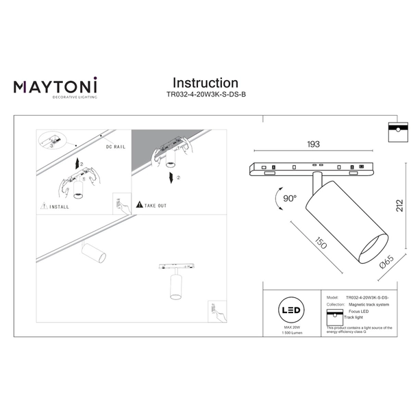 Lampa do szynoprzewodów magnetycznych Focus TR032-4-20W3K-S-DS-B LED 20W 2700-6000K czarna