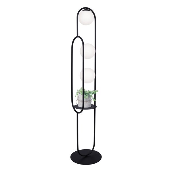 Podłogowa lampa z półką Finestra K-4963 Kaja do salonu kule białe czarne