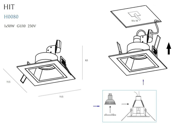Wpuszczana LAMPA sufitowa HIT I H0080 Maxlight kwadratowa OPRAWA metalowa do zabudowy biała