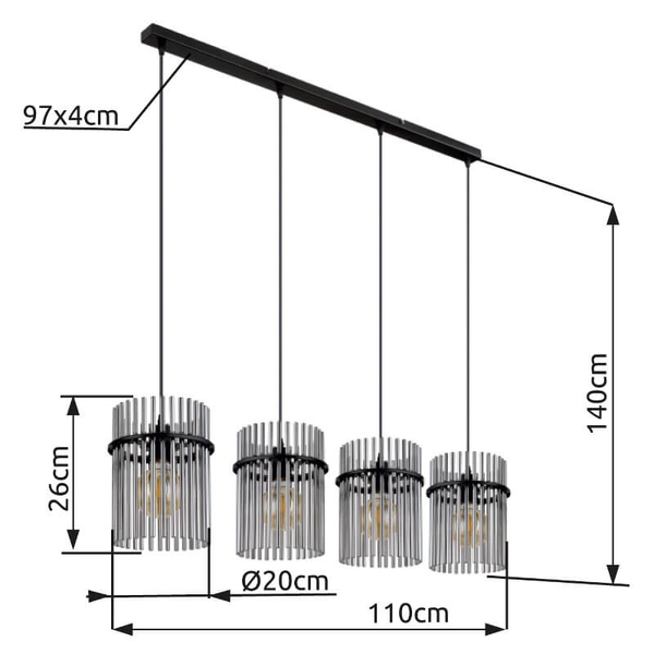 Wisząc lampa nad stół GORLEY 15698-4H szklana loft czarna przydymiona