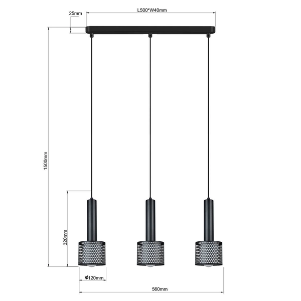 Wisząca lampa potrójna Amo LP-0702/3L BK do salonu metalowa czarna
