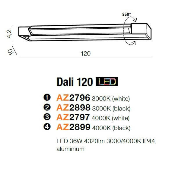 Łazienkowa lampa ścienna Dali LED 36W 3000k IP44 metalowa czarna