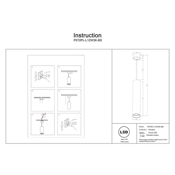 Zwisowa lampa tuba Focus P072PL-L12W3K-BS LED 12W 3000K podłużna mosiądz