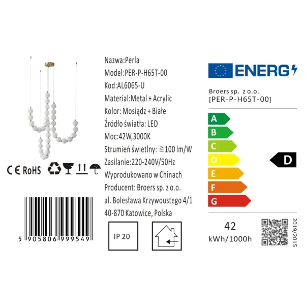 Kaskadowa lampa wisząca Perla CGPERLA-H65 LED 42W 3000K kule mosiądz biała
