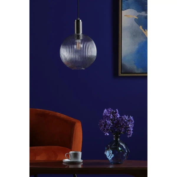 Zwisająca szklana lampa Nikolas NIK0167-E02 żebrowana kula chrom