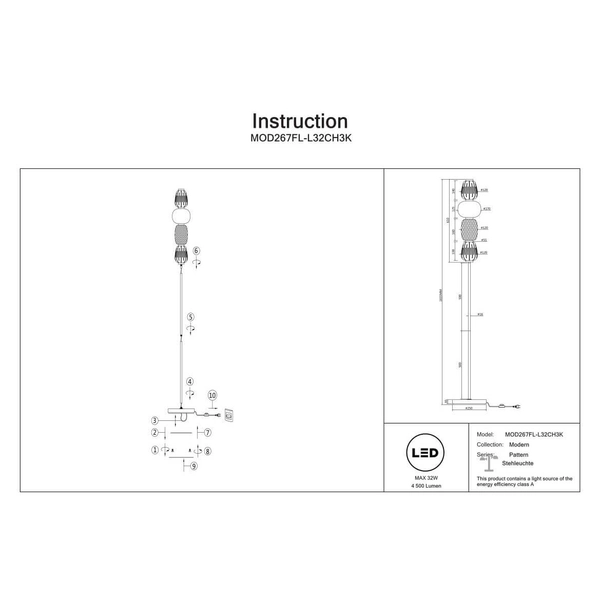Podłogowa lampa Pattern MOD267FL-L32CH3K LED 32W 3000K chrom biała szara