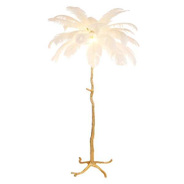 Podłogowa lampa do salonu EMU ST-DN127-F white z piórami biały złoty