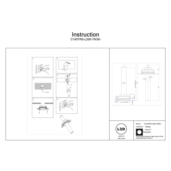Wpuszczana lampa sufitowa Focus C140TRS-L200-7W3K-BBS LED 7W 3000K mosiądz