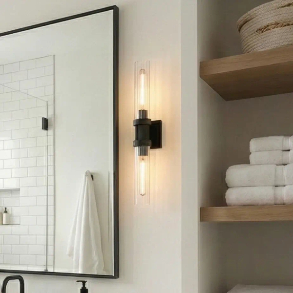 Lampa ścienna góra-dół QUINCY czarny szklany metalowy E27 2-punktowy nad lustro W02873BK