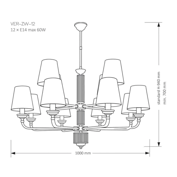 Abażurowy żyrandol do salonu Verde VER-ZW-12 (ZM) czarny mosiądz