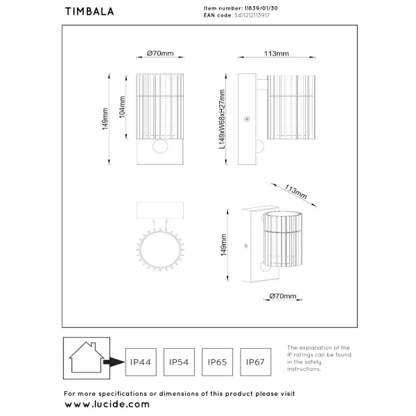 Zewnętrzny elewacyjny kinkiet Timbala 11839/01/30 tuba IP44 czarny
