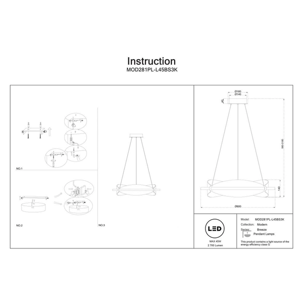 Lampa wisząca Breeze MOD281PL-L45BS3K LED 45W 3000K przezroczysty mosiądz