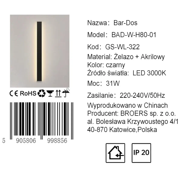 Ścienny kinkiet listwa BAR-DOS CGBARDOS80 LED 31W 3000K czarny