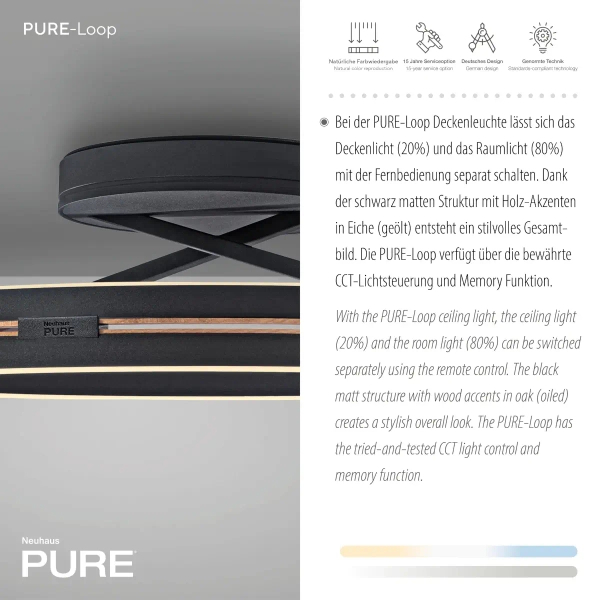 Sterowany pilotem plafon PURE E-LOOP czarny 6552-18 1xLED 33W 2700-5000K ze zmienną barwą