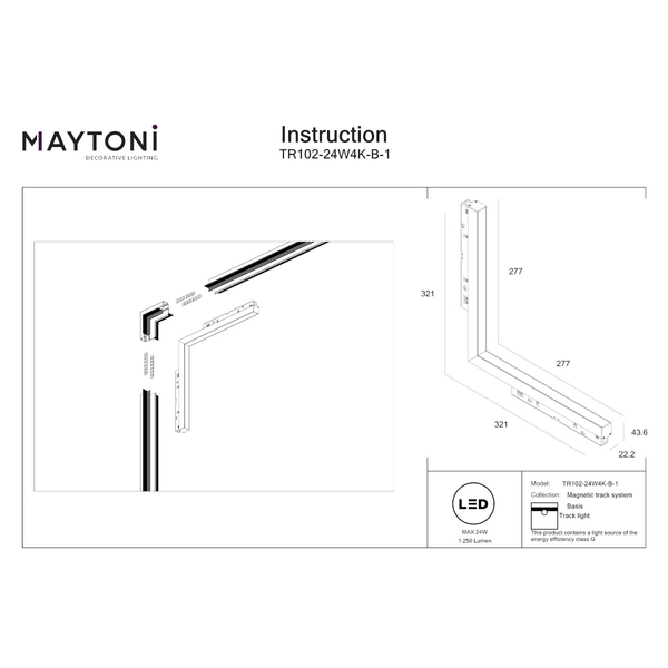 Szynowa lampa narożna Basis TR102-24W4K-B-1 LED 24W 4000K do holu magnetyczna czarna