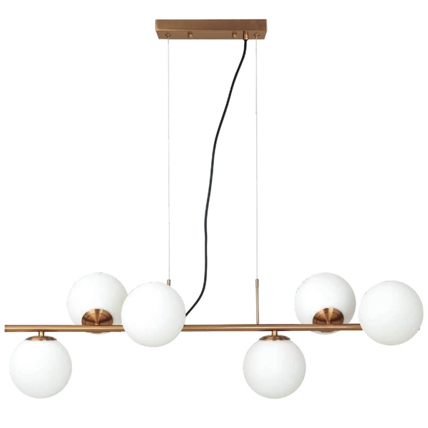 Wisząca LAMPA modernistyczna RADDI PND-5510-6-HBR Italux metalowa OPRAWA szklane kule ZWIS miodowy mosiądz białe