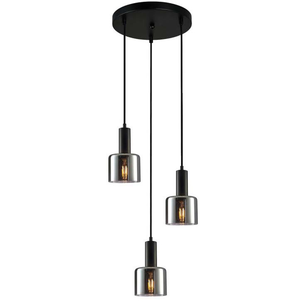 Czarna lampa wisząca Santia PND-65342-3A-BK+SG potrójny zwis przydymiony nad stół