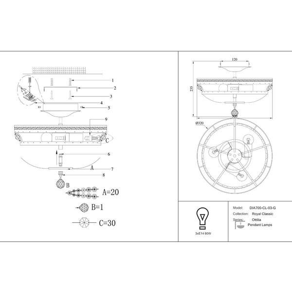 Żyrandol pałacowy Ottilia DIA700-CL-03-G kryształowy złoty