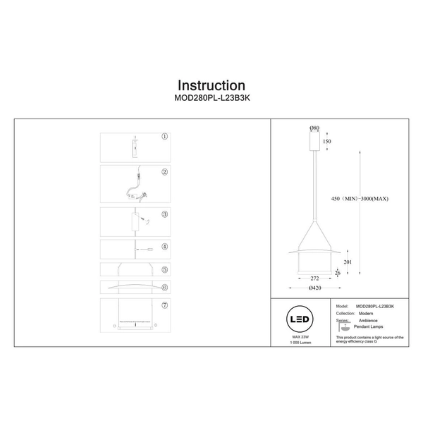 Wisząca lampa nad stół Ambience MOD280PL-L23B3K LED 23W 3000K czarny biały