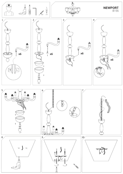 6-ramienny żyrandol klasyczny Newport 8156 na łańcuchu biały