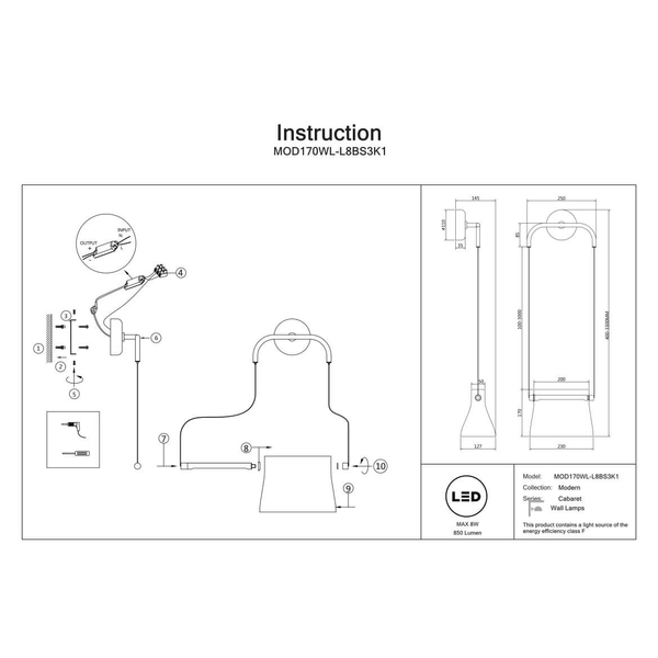 Ścienna lampa Cabaret MOD170WL-L8BS3K1 LED 8W 3000K mosiądz przezroczysty