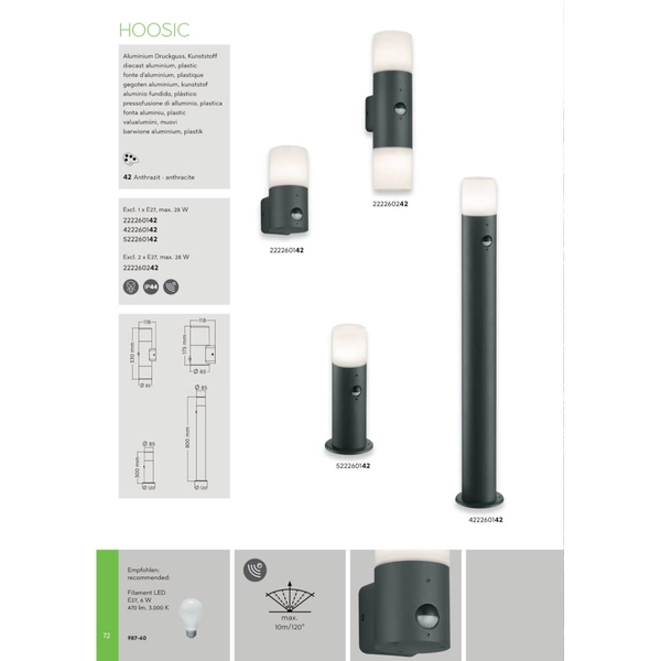 Stojąca lampa słupek HOOSIC 522260142 IP44 z czujnikiem ruchu antracyt