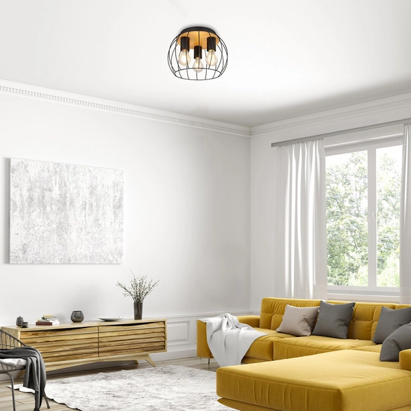 Druciana lampa sufitowa Kamala 5293 industrialna klatka czarna drewno